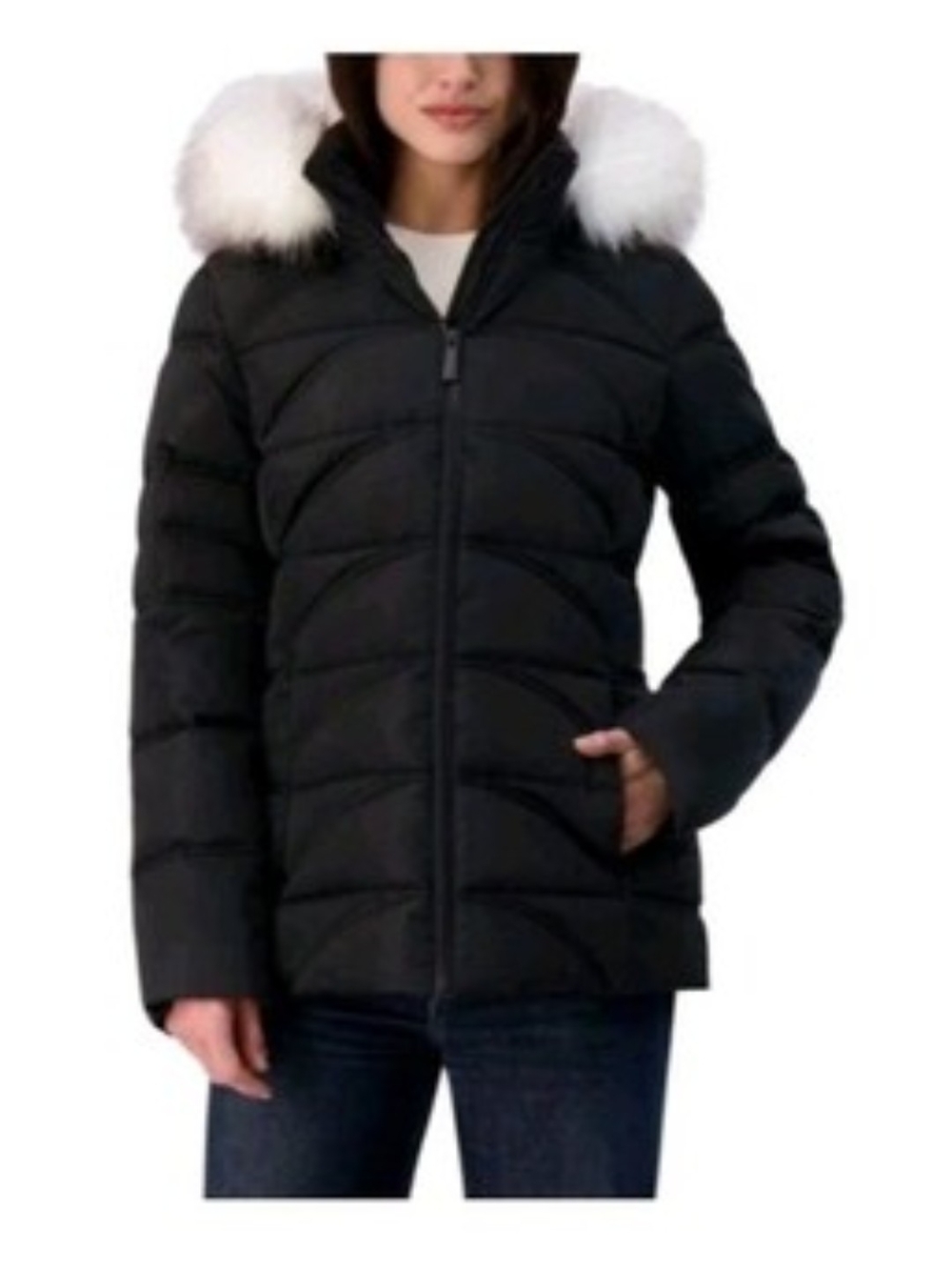 Nautica Women’s Black Puffer Coat with White Fur-Trim Hood Large